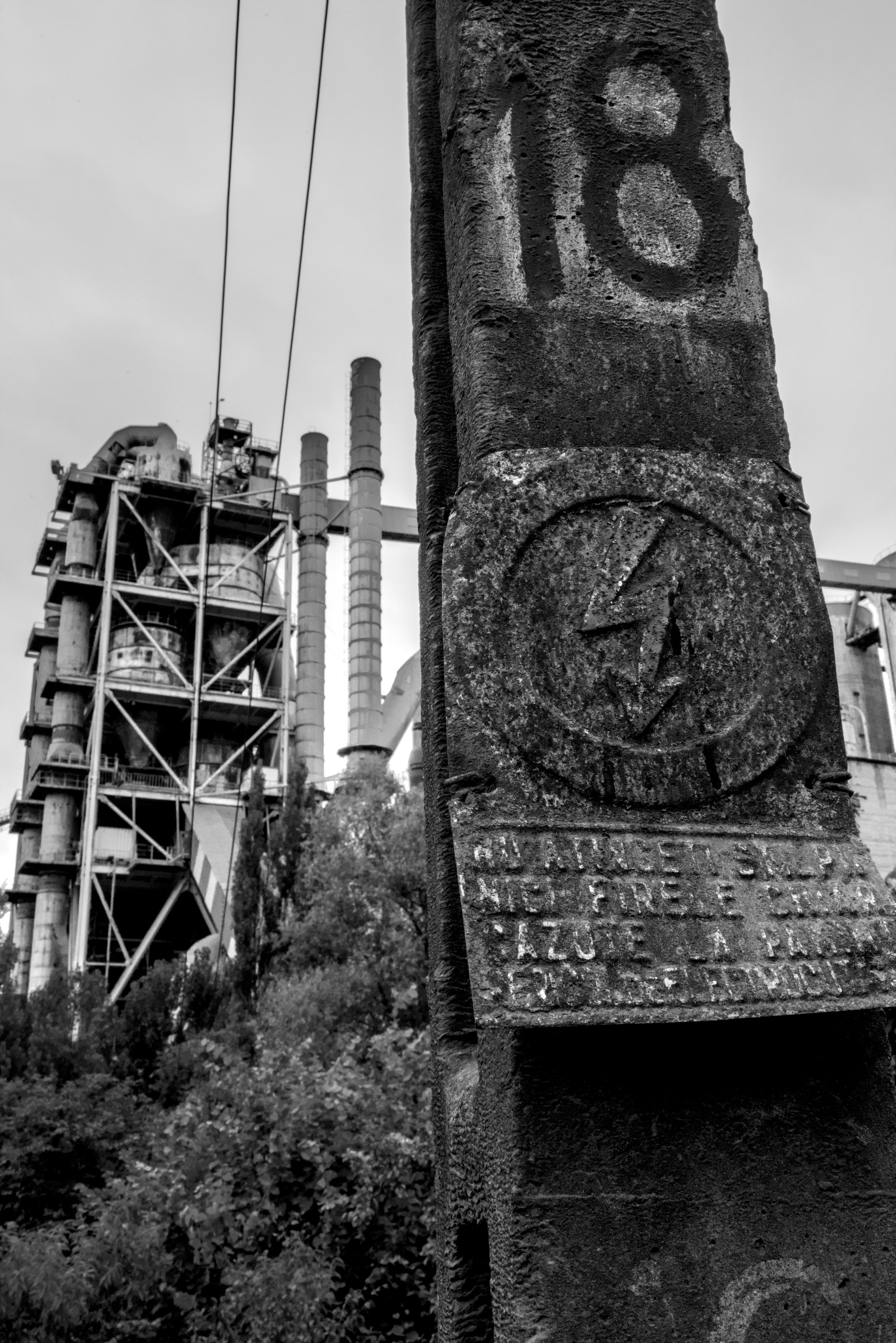 Abandoned factory in black and white.